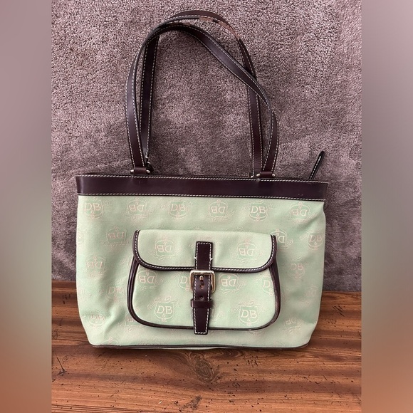 Vintage Dooney & Bourke Tote. green canvas exterior with leather trim, - Picture 1 of 10